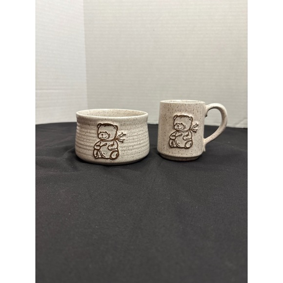 Onion River Pottery Vermont Mug and Bowl Set Speckled Beige Bear Applique - Picture 1 of 4